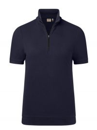 Dunkelblaues Damen Zip-Shirt aus Piqué mit figurbetonter Passform, kurzem Reißverschluss und elastischem Bund an Saum und Ärmeln
